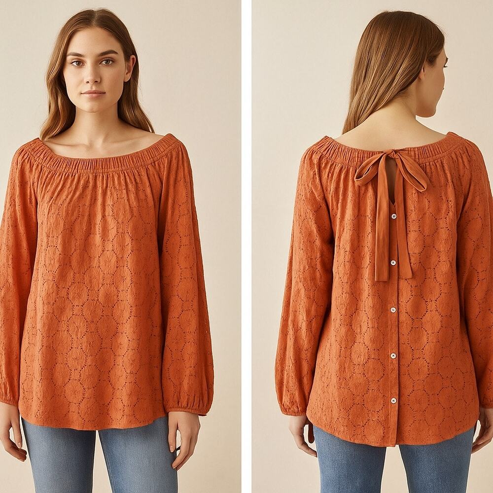 Roller Rabbit Glyn Eyelet Long Sleeve Cotton Blouse Boho Peasant Medium